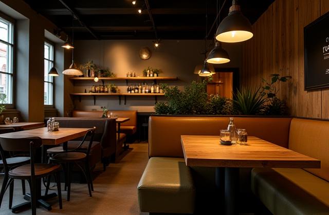 Trendy kaféinteriør med varme trefarger og dempet belysning