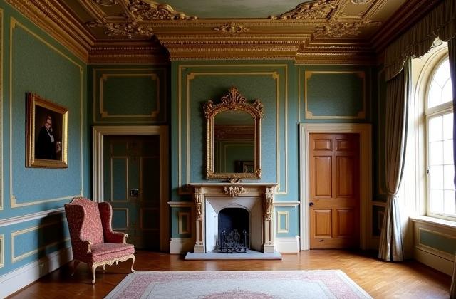 Nøye restaurert herskapssal med antikke møbler og intrikate detaljer